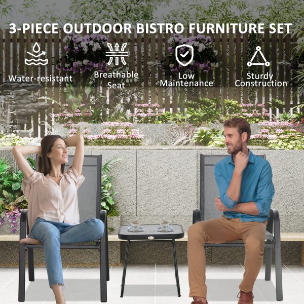 Outsunny 3PCs Bistro Set with Breathable Mesh Fabric Stackable Chairs Light Grey - Image 6