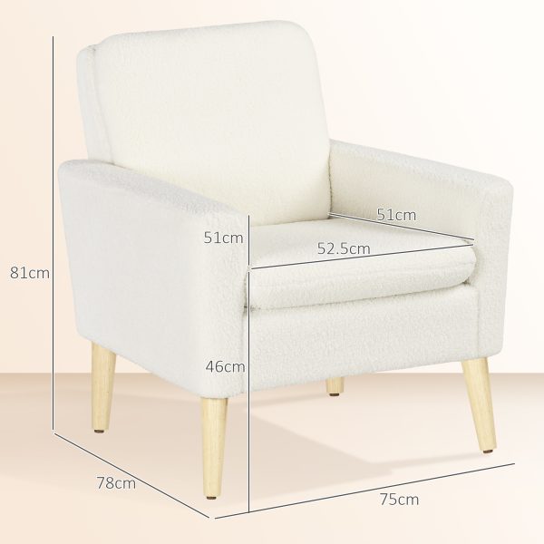 HOMCOM Modern Accent Chair with Wood Legs, Wide Seat, Teddy Armchair, Cream - Image 3