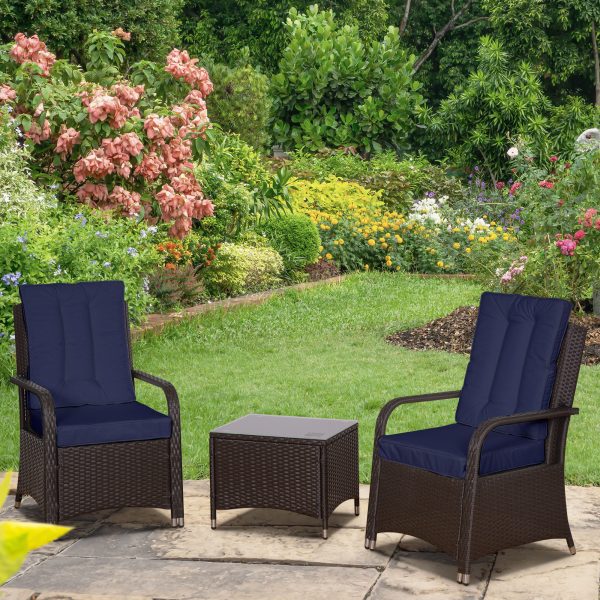 Outsunny Rattan 3PCs Chair Table Bistro Set Patio Set with Steel Frame Blue - Image 2
