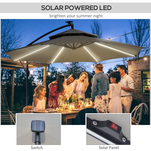 Outsunny 3(m) Cantilever Parasol Hanging Banana Umbrella w/ lights, Light Grey - Image 3