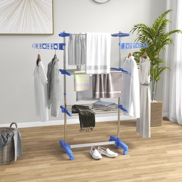 HOMCOM 3-Tier Large Clothes Airer Stainless Steel Clothes Drying Rack Blue - Image 2