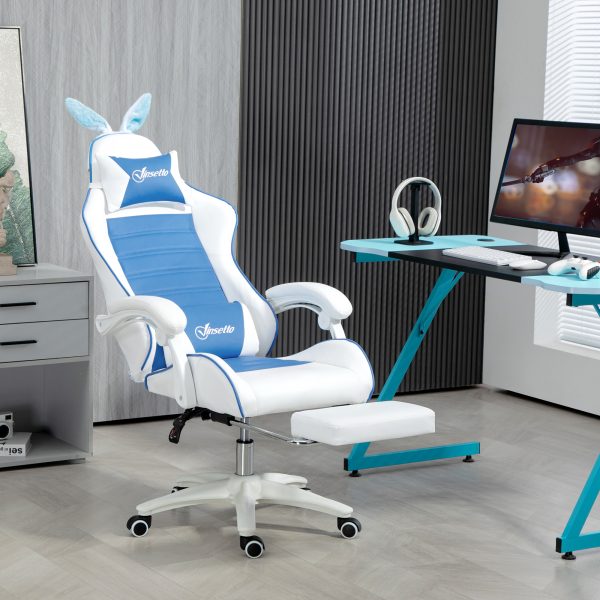 Vinsetto Racing Style Gaming Chair with Footrest Removable Rabbit Ears, Blue - Image 2