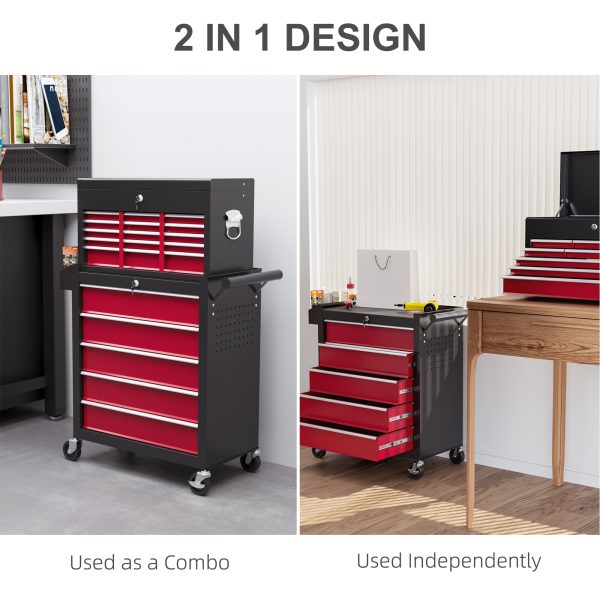 HOMCOM Rolling Tool Chest Lockable Roller Cabinet with with 14 Drawers Red - Image 5