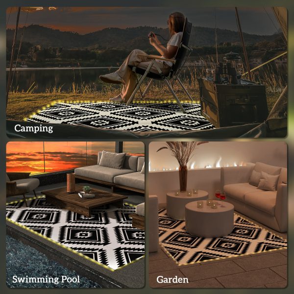 Outsunny Reversible Outdoor Rug with LED String Lights, Black and White - Image 6