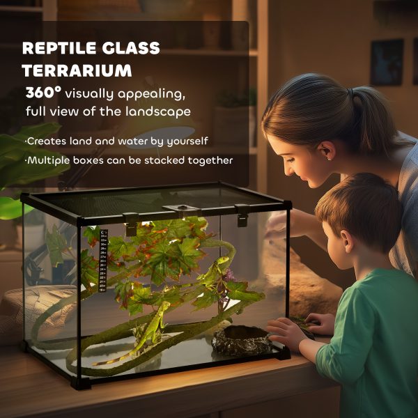 PawHut Glass Reptile Terrarium with Thermometer and Decor Kit, Heated, Black - Image 2