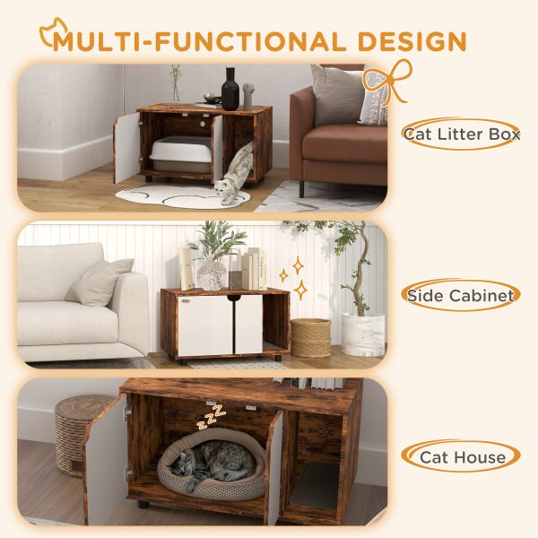 PawHut Hidden Cat Litter Box Furniture with Sand Drain Pad, Rustic Brown - Image 5