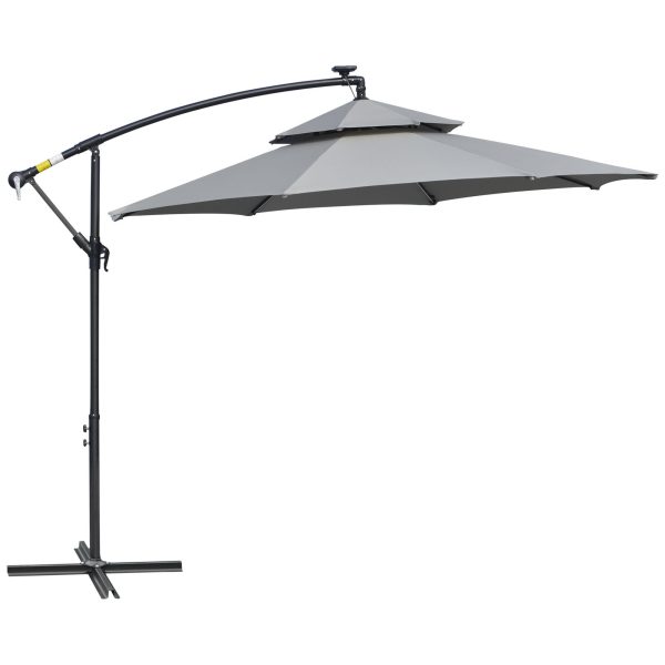 Outsunny 3(m) Cantilever Parasol Hanging Banana Umbrella w/ lights, Light Grey - Image 2
