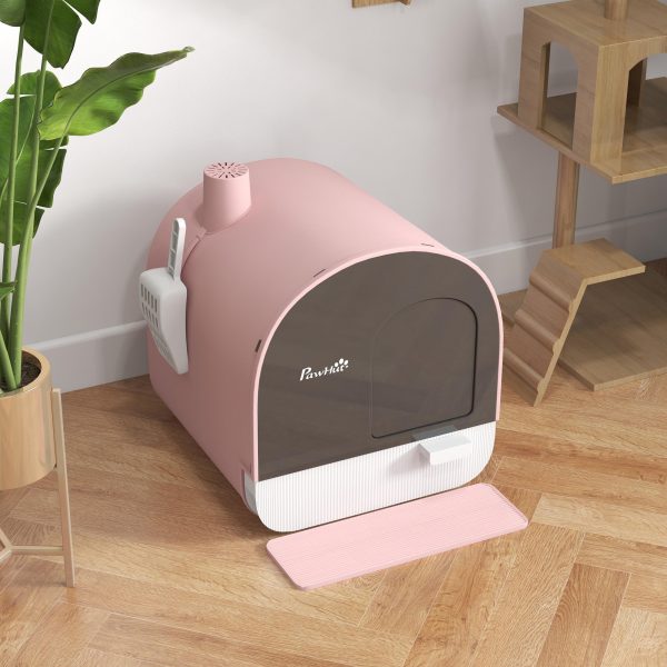 PawHut Cat Litter Box Kitten Litter Tray w/ Lid, Scoop, Filter, Flap Door, Pink - Image 8