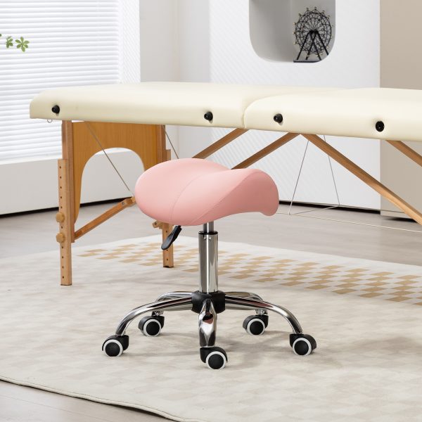 HOMCOM PU Leather Saddle Stool w/ Moulded Padded Seat Adjustable Height Pink - Image 2