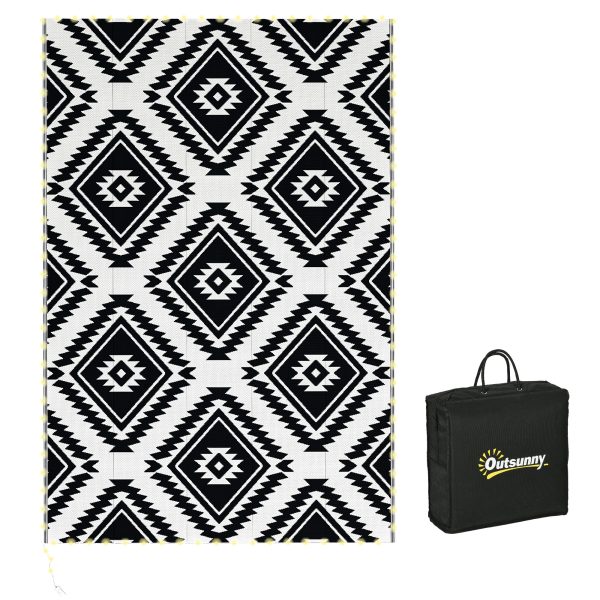 Outsunny Reversible Outdoor Rug with LED String Lights, Black and White