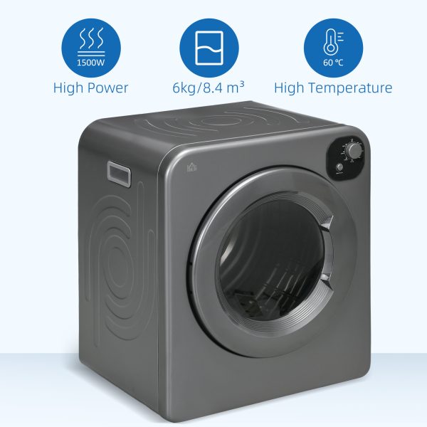 HOMCOM 6kg Vented Tumble Dryer with 7 Dry Programmers for Small Spaces Grey - Image 8