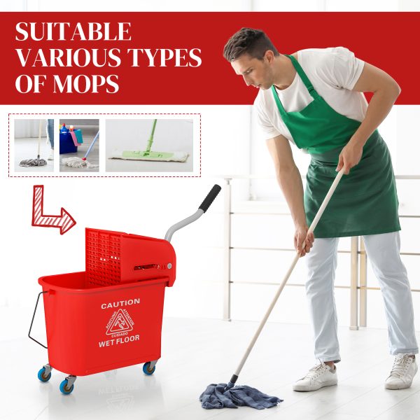 HOMCOM 20L Mop Bucket with Wringer Handle on Wheels for Floor Cleaning Red - Image 7