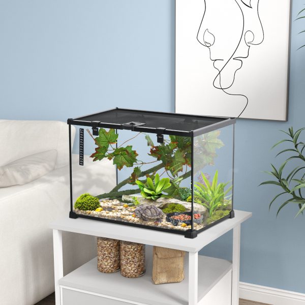 PawHut Glass Reptile Terrarium with Thermometer and Decor Kit, Heated, Black