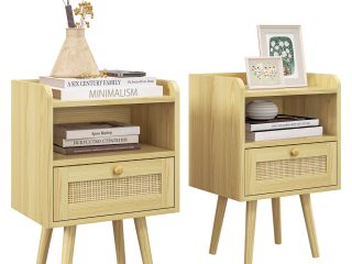 Bedside Tables, Set of 2, Boho Side End Table w/ Drawer, Storage Compartment