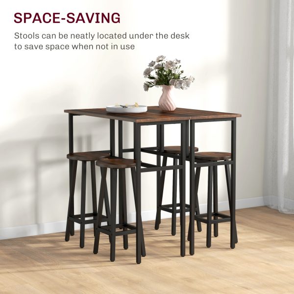HOMCOM 6-Piece Industrial Bar Table Set, 2 Kitchen Tables with 4 Stools, Brown - Image 5