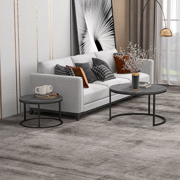 HOMCOM 2 Pcs Stacking Coffee Table Set Steel Frame Wood Effect Top Foot Pads - Image 2