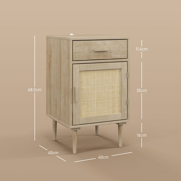 HOMCOM Bedside Table with Rattan Drawer, Cabinet and Adjustable Shelf, Natural - Image 3