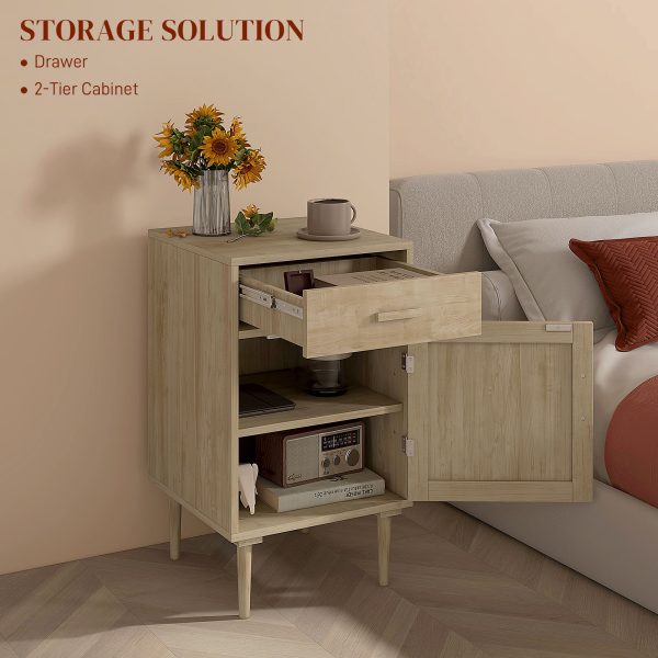 HOMCOM Bedside Table with Rattan Drawer, Cabinet and Adjustable Shelf, Natural - Image 5