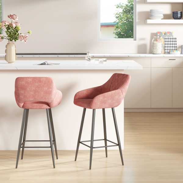 HOMCOM Bar Stools Set of 2, Velvet-Touch Fabric Counter Height Bar Chairs Pink - Image 2