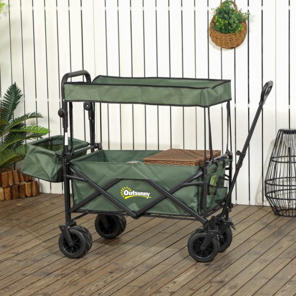 Outsunny Outdoor Push Pull Wagon Stroller Cart with Canopy Top Green - Image 2