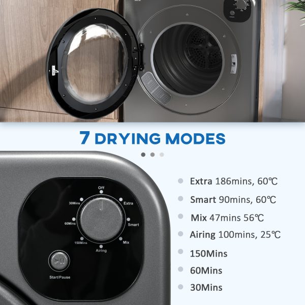 HOMCOM 6kg Vented Tumble Dryer with 7 Dry Programmers for Small Spaces Grey - Image 4