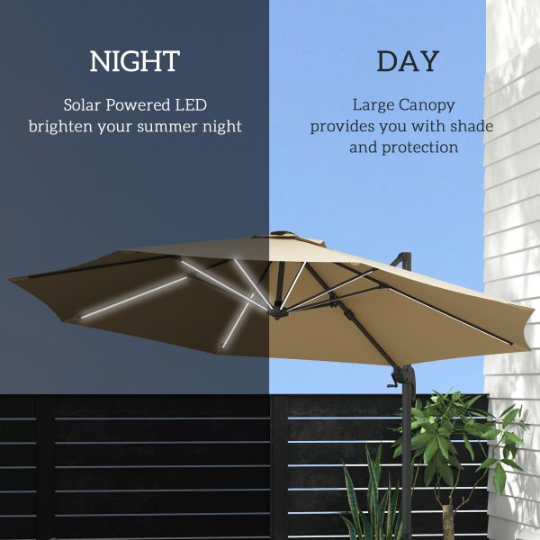 Outsunny 3(m) Solar LED Cantilever Parasol Adjustable Garden Umbrella Khaki - Image 3