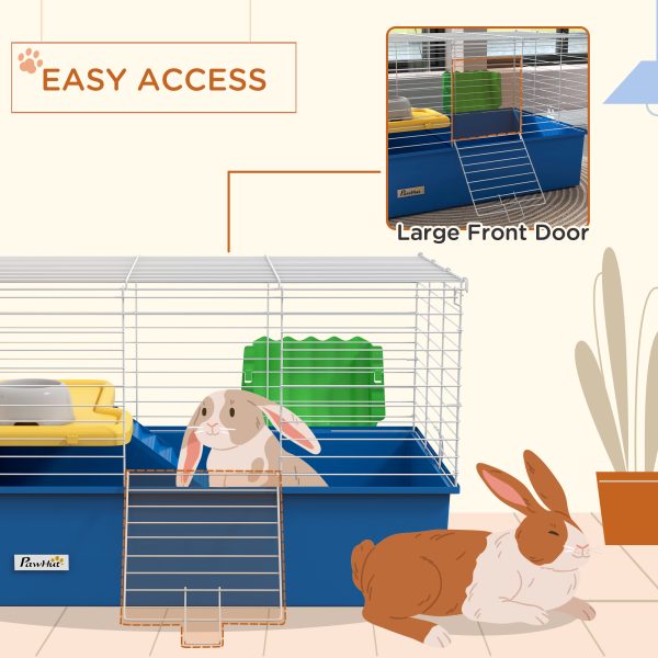 PawHut Small Animal Cage, Rabbit Guinea Pig Hutch, Pet Playhouse, Blue - Image 7
