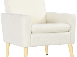 HOMCOM Modern Accent Chair with Wood Legs, Wide Seat, Teddy Armchair, Cream