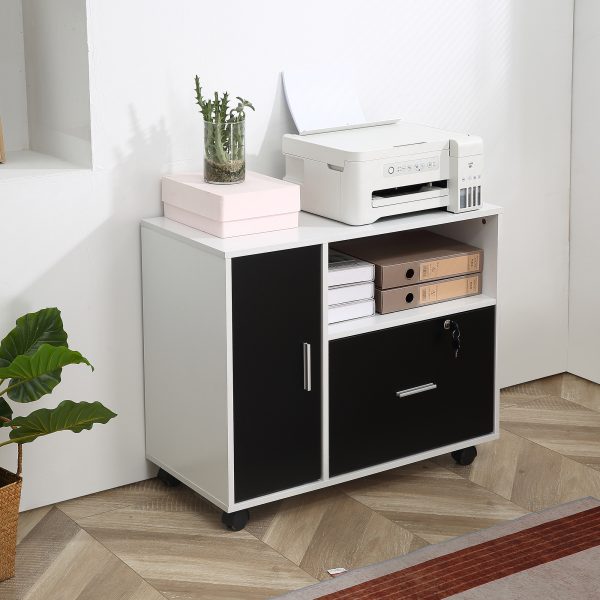 HOMCOM Mobile Office File Cabinet Printer Table with Lockable Drawer and Shelf - Image 2