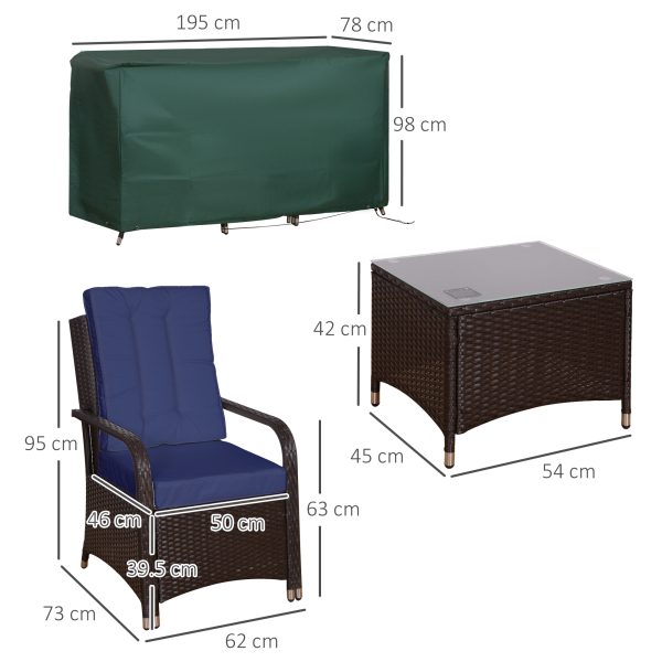 Outsunny Rattan 3PCs Chair Table Bistro Set Patio Set with Steel Frame Blue - Image 5