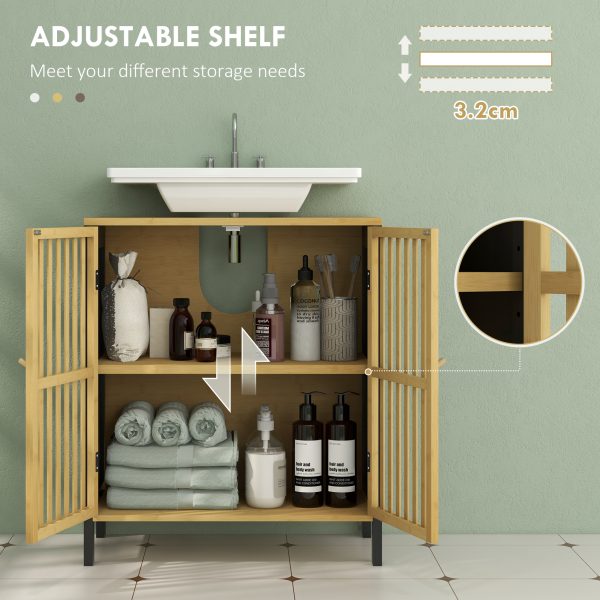 HOMCOM Under Sink Bathroom Cabinet, Bamboo Sink Storage Cabinet Slat Doors - Image 5