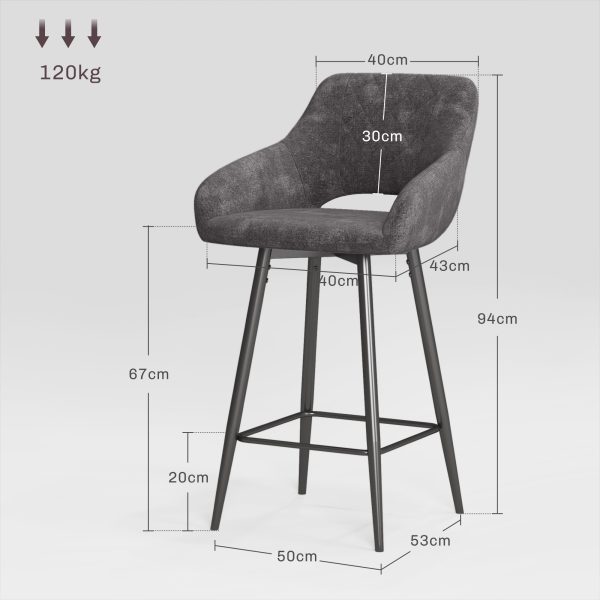 HOMCOM Bar Stools Set of 2, Velvet-Touch Fabric Counter Height Bar Chairs Grey - Image 3