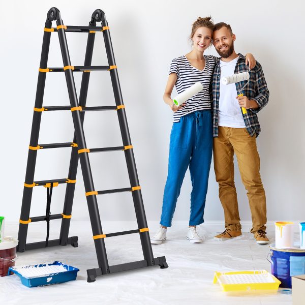HOMCOM 3.8M Duo Aluminium Ladder Tool Holder Herringbone Deployed, Yellow - Image 2