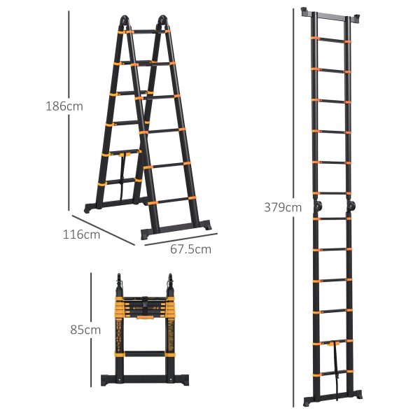 HOMCOM 3.8M Duo Aluminium Ladder Tool Holder Herringbone Deployed, Yellow - Image 3