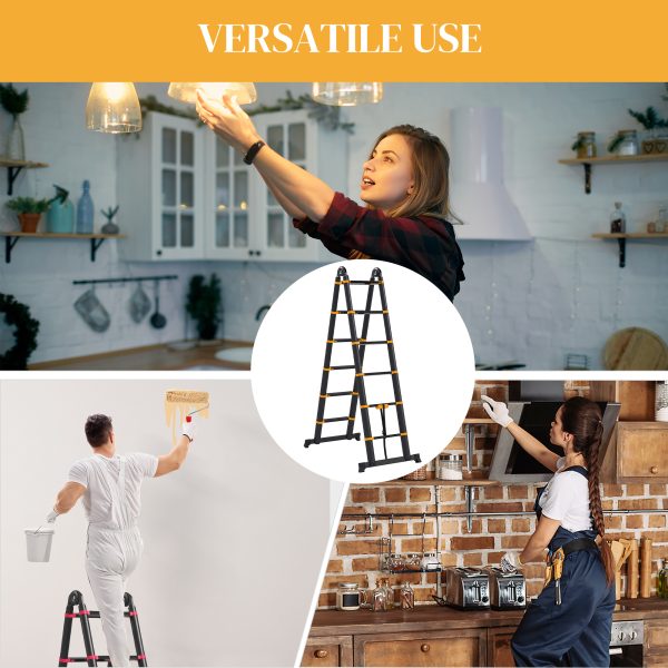 HOMCOM 3.8M Duo Aluminium Ladder Tool Holder Herringbone Deployed, Yellow - Image 7
