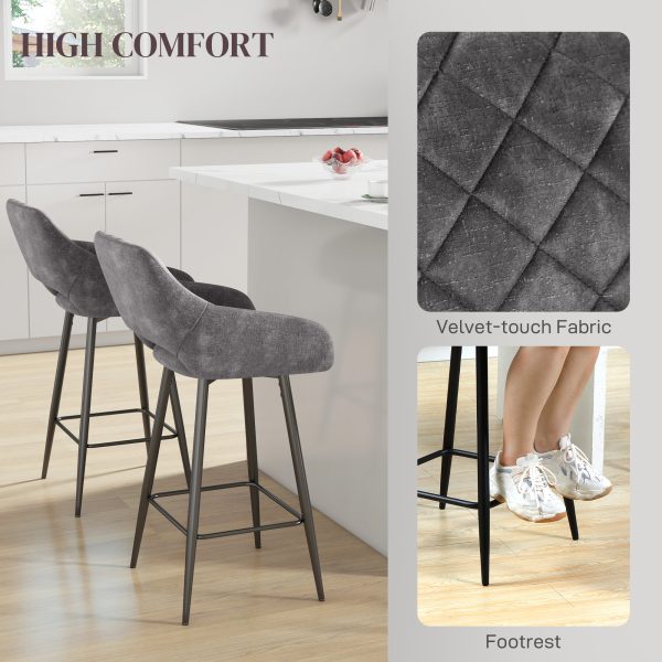 HOMCOM Bar Stools Set of 2, Velvet-Touch Fabric Counter Height Bar Chairs Grey - Image 5