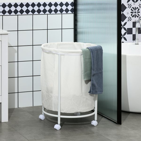 HOMCOM 100L Round Laundry Hamper with Wheels for Bedroom Bathroom Cream White - Image 2