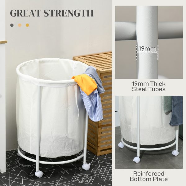 HOMCOM 100L Round Laundry Hamper with Wheels for Bedroom Bathroom Cream White - Image 7