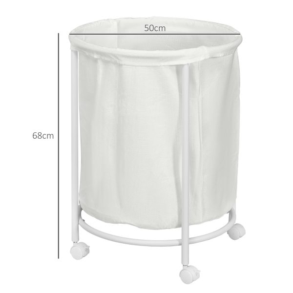 HOMCOM 100L Round Laundry Hamper with Wheels for Bedroom Bathroom Cream White - Image 3