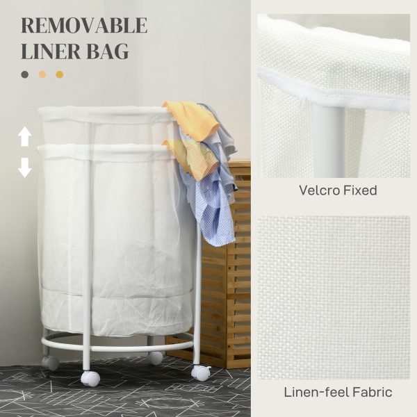 HOMCOM 100L Round Laundry Hamper with Wheels for Bedroom Bathroom Cream White - Image 6