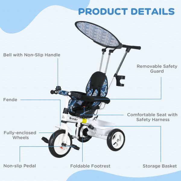 HOMCOM 6 in 1 Kids Tricycle w/ Removable Handle for 1.5+ year, Blue - Image 6