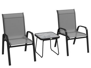Outsunny 3PCs Bistro Set with Breathable Mesh Fabric Stackable Chairs Light Grey