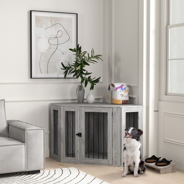 PawHut Dog Crate Furniture for Large Dogs w/ Cushion, Door - Grey - Image 2