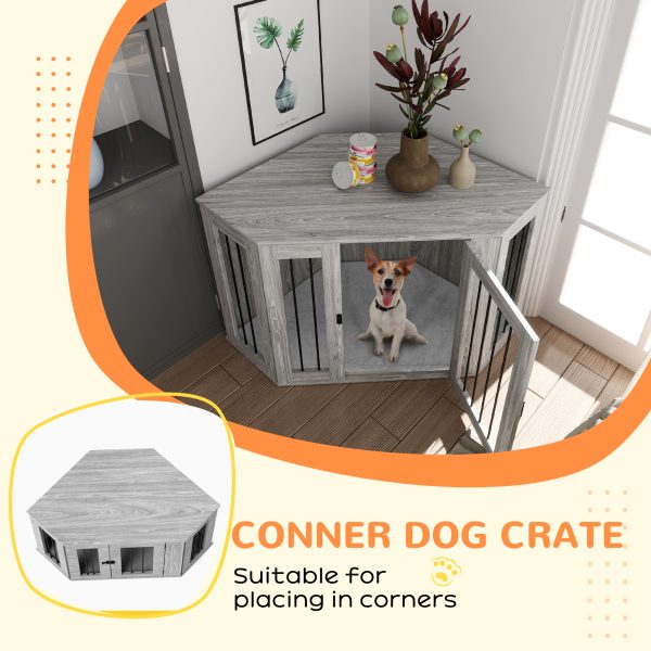 PawHut Dog Crate Furniture for Large Dogs w/ Cushion, Door - Grey - Image 4