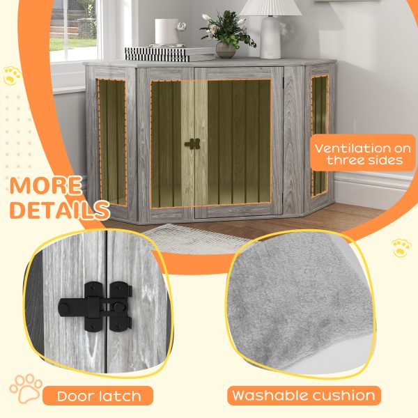 PawHut Dog Crate Furniture for Large Dogs w/ Cushion, Door - Grey - Image 6