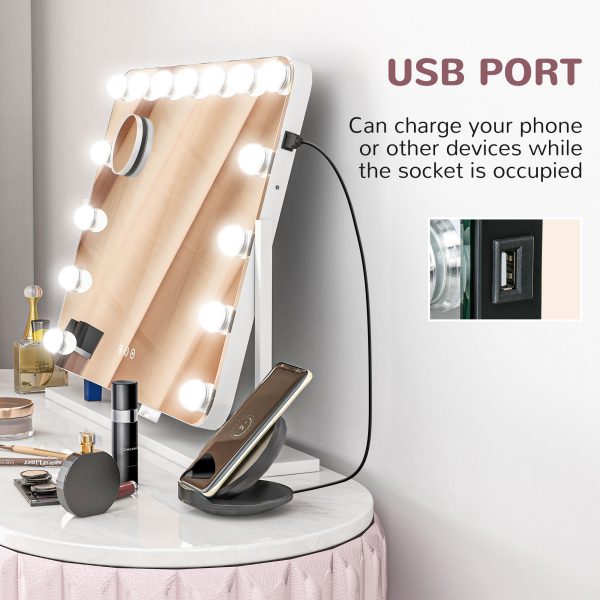 HOMCOM Hollywood Dimmable Lighted Makeup Mirror with Magnifier, USB Port - Image 4