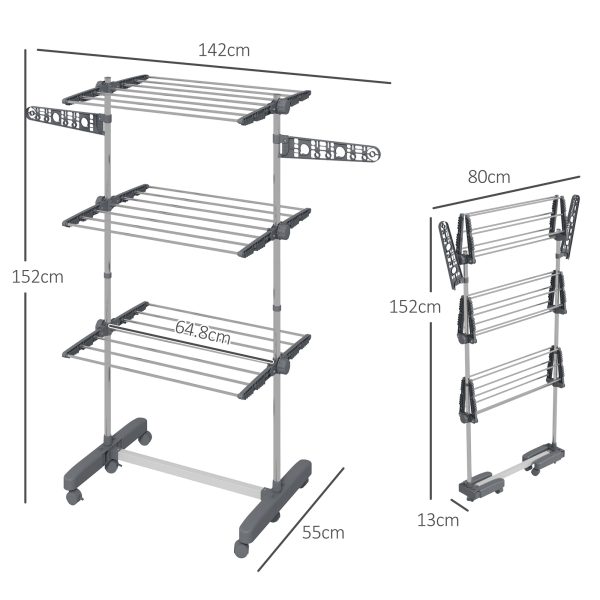 HOMCOM 3-Tier Large Clothes Airer Stainless Steel Clothes Drying Rack Grey - Image 3