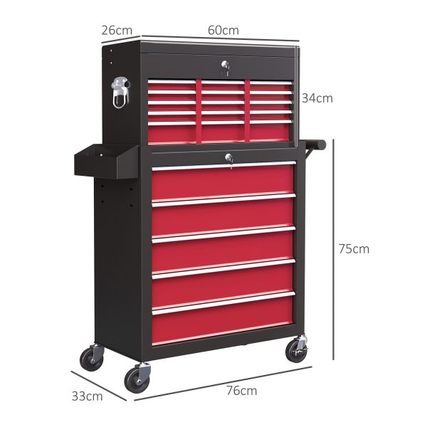 HOMCOM Rolling Tool Chest Lockable Roller Cabinet with with 14 Drawers Red - Image 3