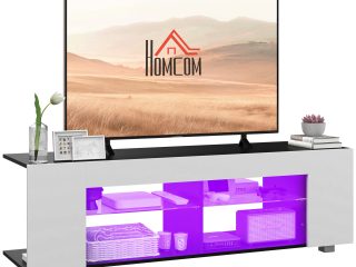 HOMCOM TV Stand 145cm TV Unit with Glass Shelves RGB LED Light for 60"TV White