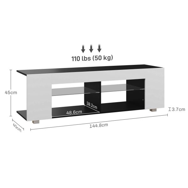 HOMCOM TV Stand 145cm TV Unit with Glass Shelves RGB LED Light for 60"TV White - Image 3